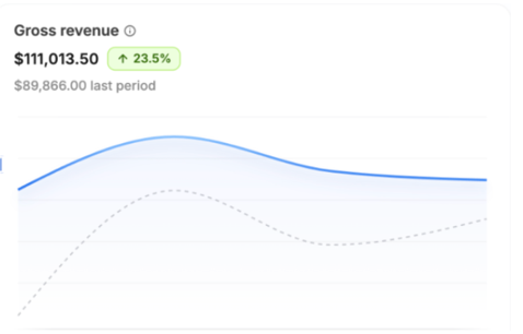 Gross revenue dashboard showing $111,013.50, up 23.5%